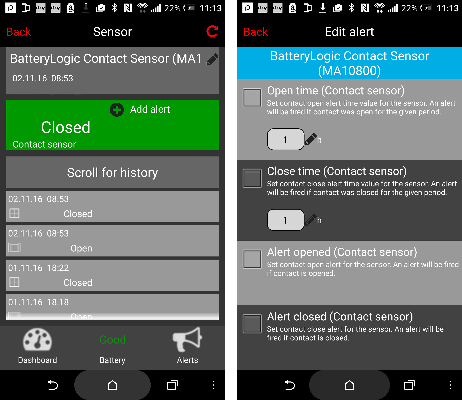 Mobile Alerts MA10800 app screen
